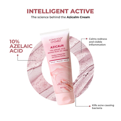 Conscious Chemist 10% Azelaic Acid Gel Cream for redness relief and acne treatment, displayed in a clear jar with applicator.