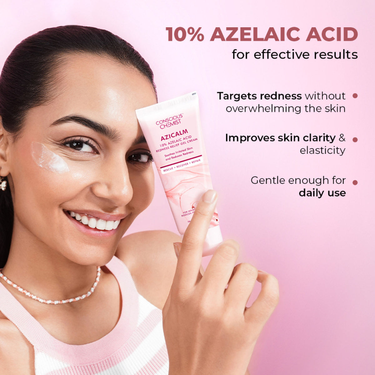 Conscious Chemist 10% Azelaic Acid Gel Cream for redness relief and acne treatment, showing the creamy gel texture in a jar.
