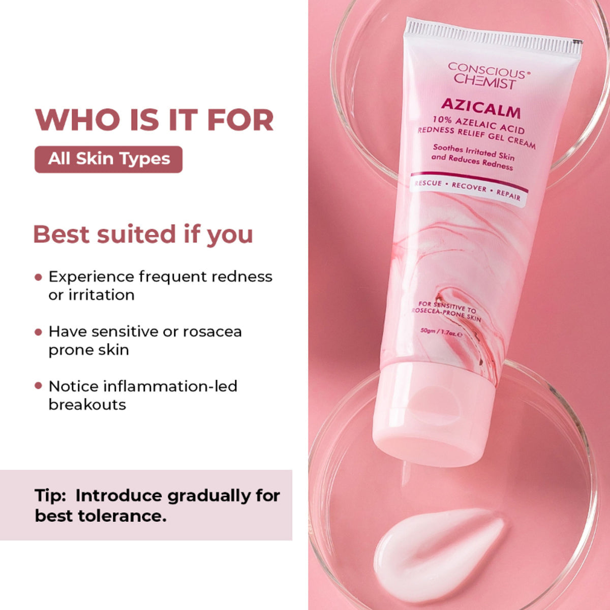 Conscious Chemist 10% Azelaic Acid Gel Cream for redness relief and acne treatment, shown in a white tube with product branding.