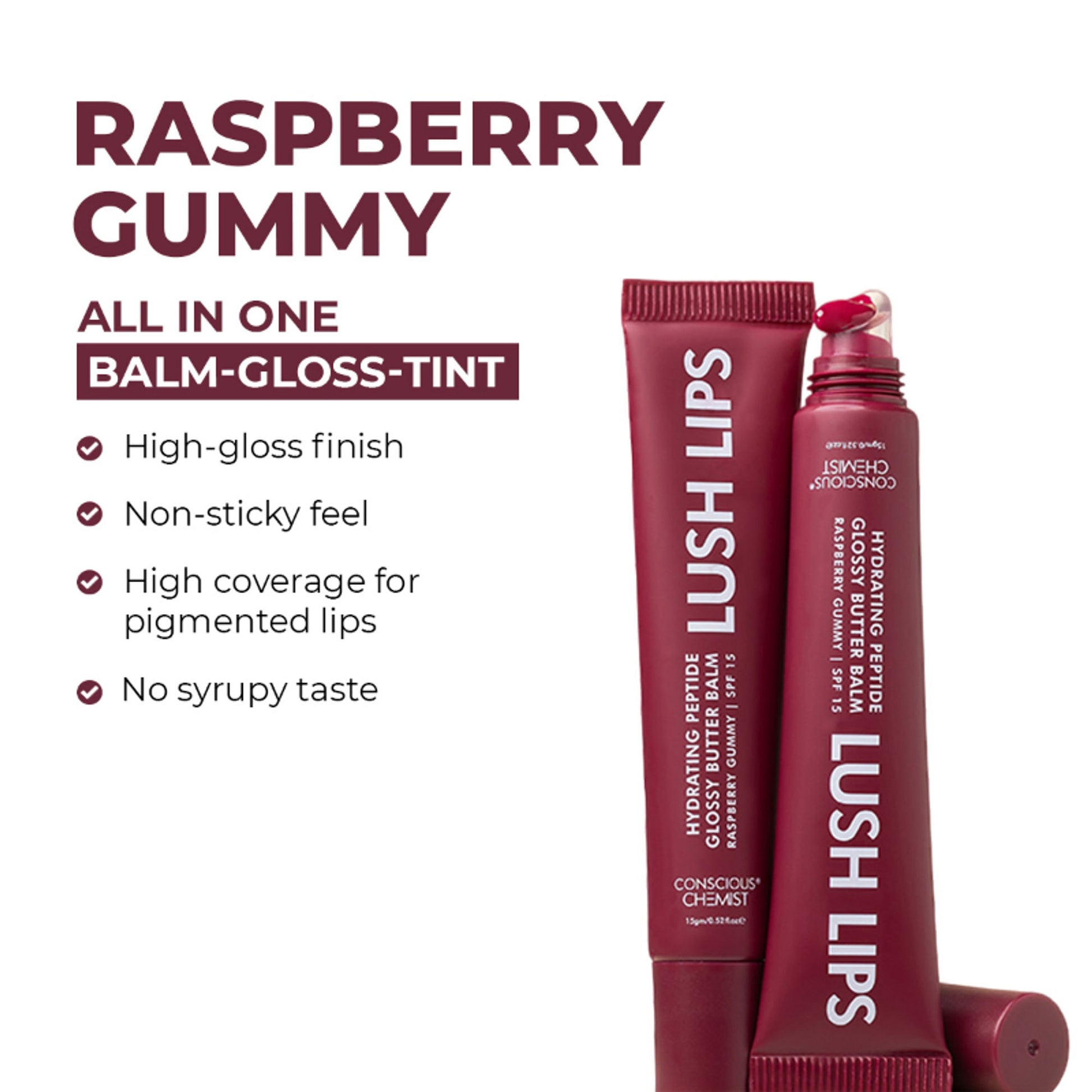 Conscious Chemist Multi Peptide & Shea Butter Lip Balm with SPF15 - Raspberry Gummy