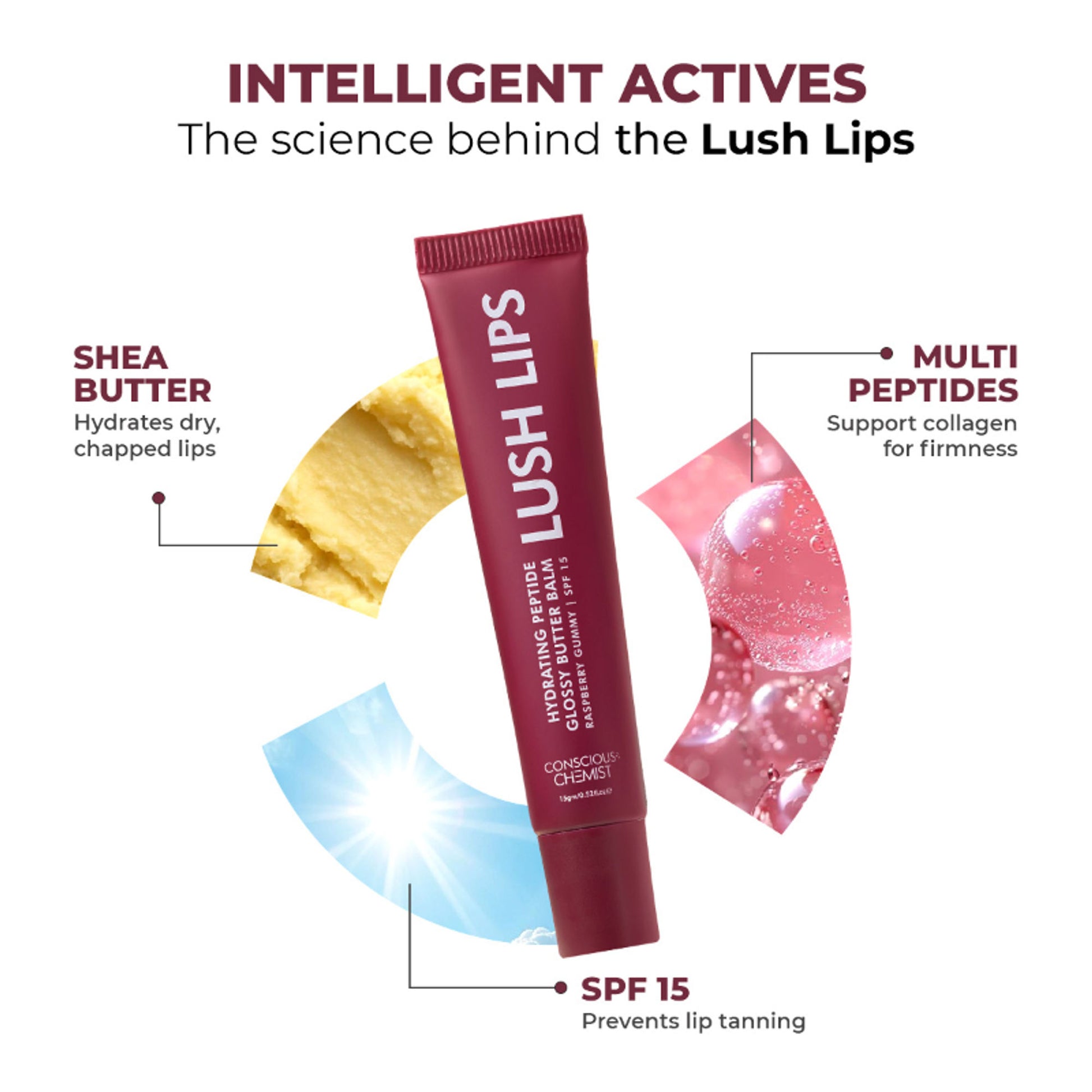 Conscious Chemist Multi Peptide & Shea Butter Lip Balm with SPF15 - Raspberry Gummy