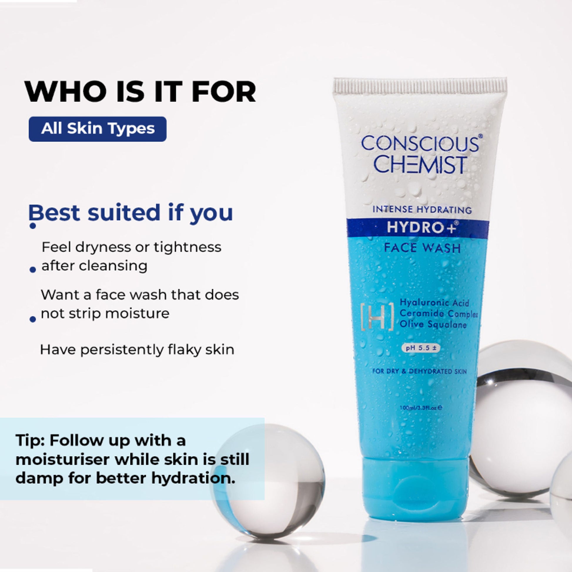 Conscious Chemist Gentle Hydrating Face Wash For Dry Skin with Hyaluronic Acid and Ceramides