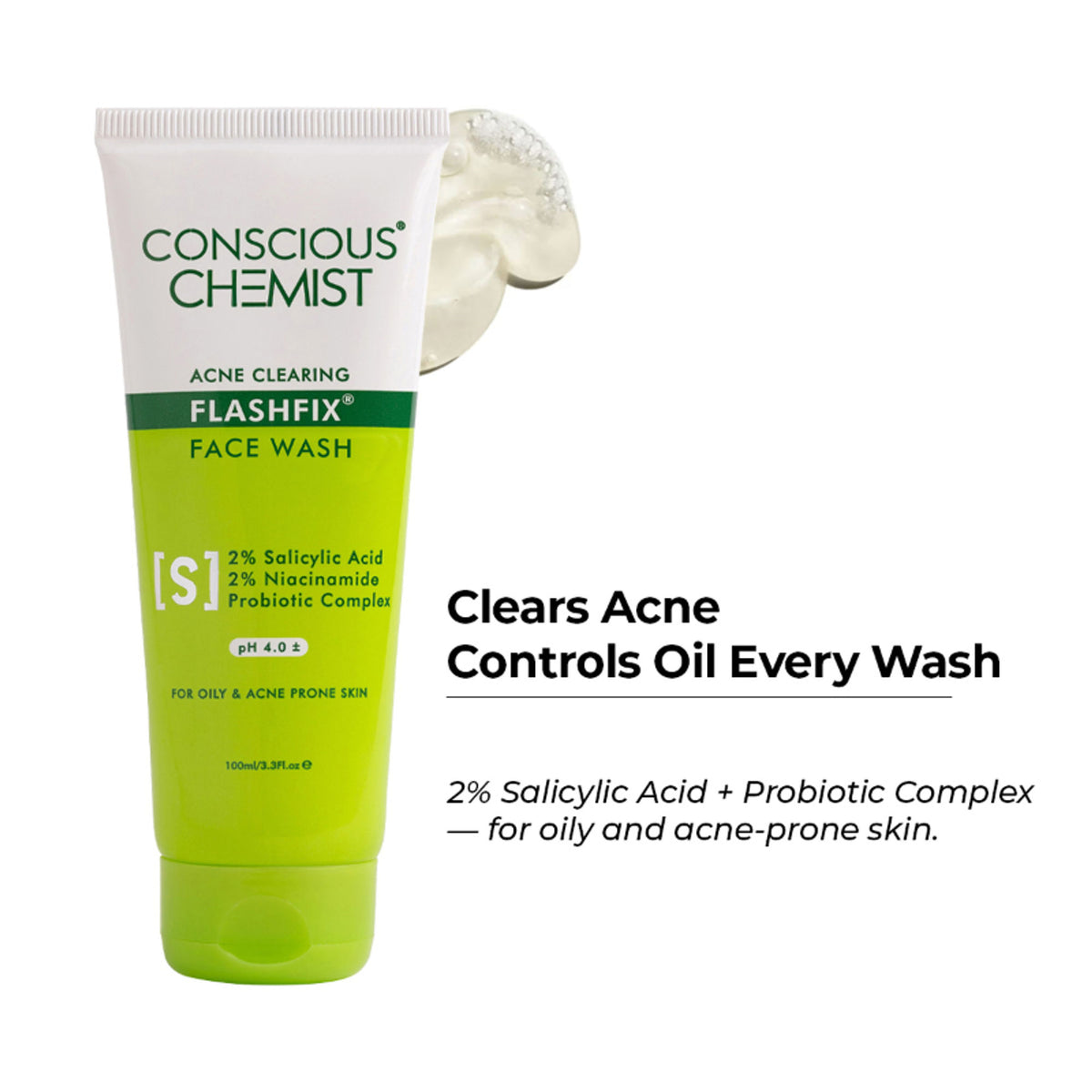 Conscious Chemist salicylic acid face wash for oily, acne-prone skin with glycolic acid and CICA extract in a squeeze tube.