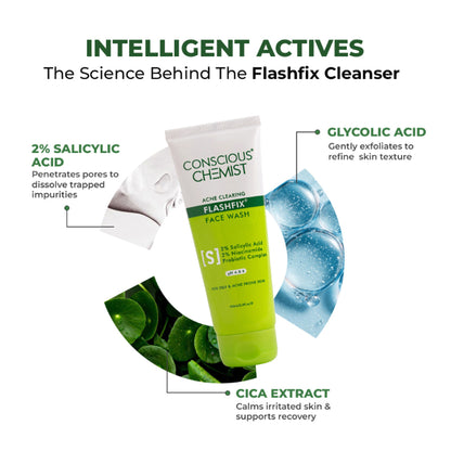 Conscious Chemist Salicylic Acid Face Wash for oily, acne-prone skin with glycolic acid and CICA extract, showing the product bottle.