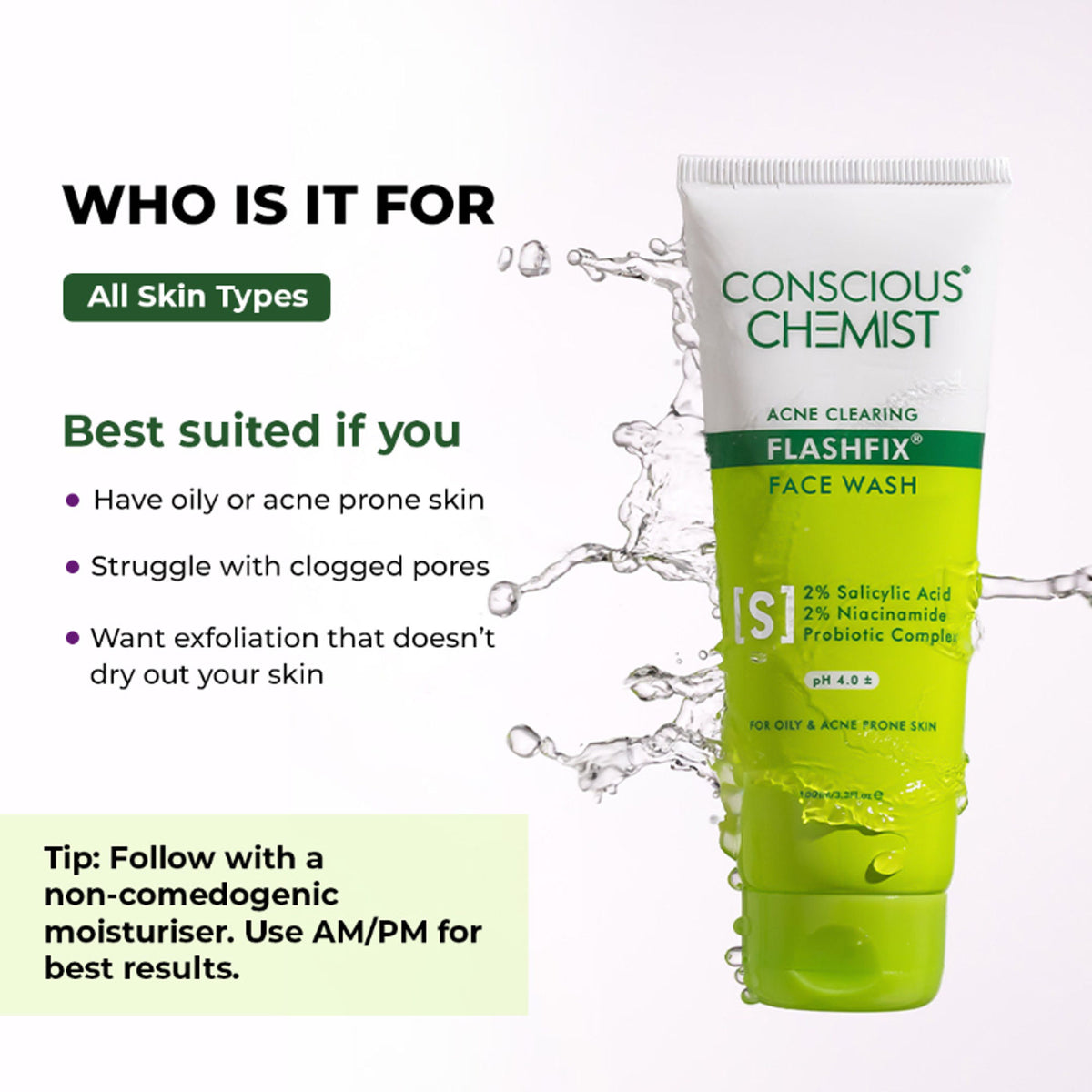 Conscious Chemist Salicylic Acid face wash with glycolic acid and CICA extract for oily, acne-prone skin.