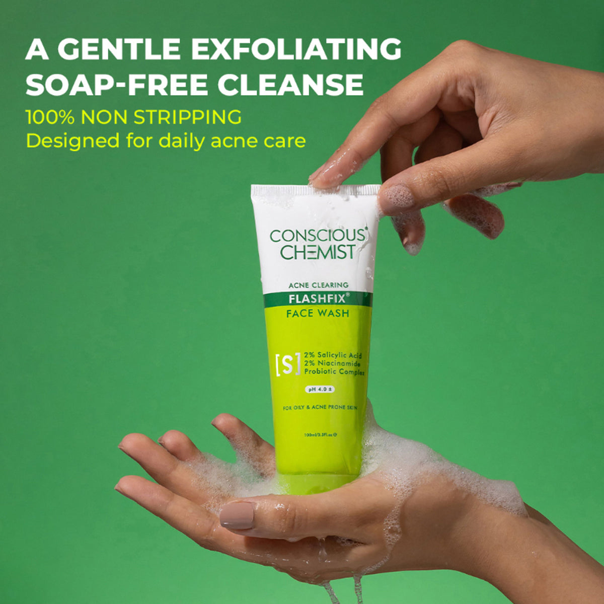 Conscious Chemist Salicylic Acid Face Wash for oily, acne-prone skin with glycolic acid and CICA extract, visible in the tube.