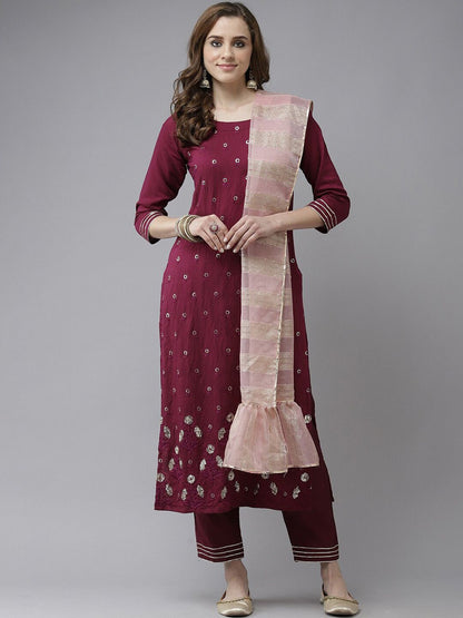 Dhiyona IE Floral Embroidered Sequinned Pure Cotton Kurta with Trousers & Dupatta