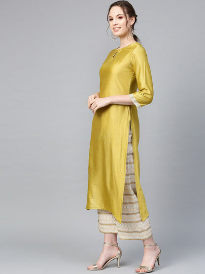 Dhiyona IE Women Olive Green & Off White Straight Keyhole Neck Kurta with Palazzos & Dupatta