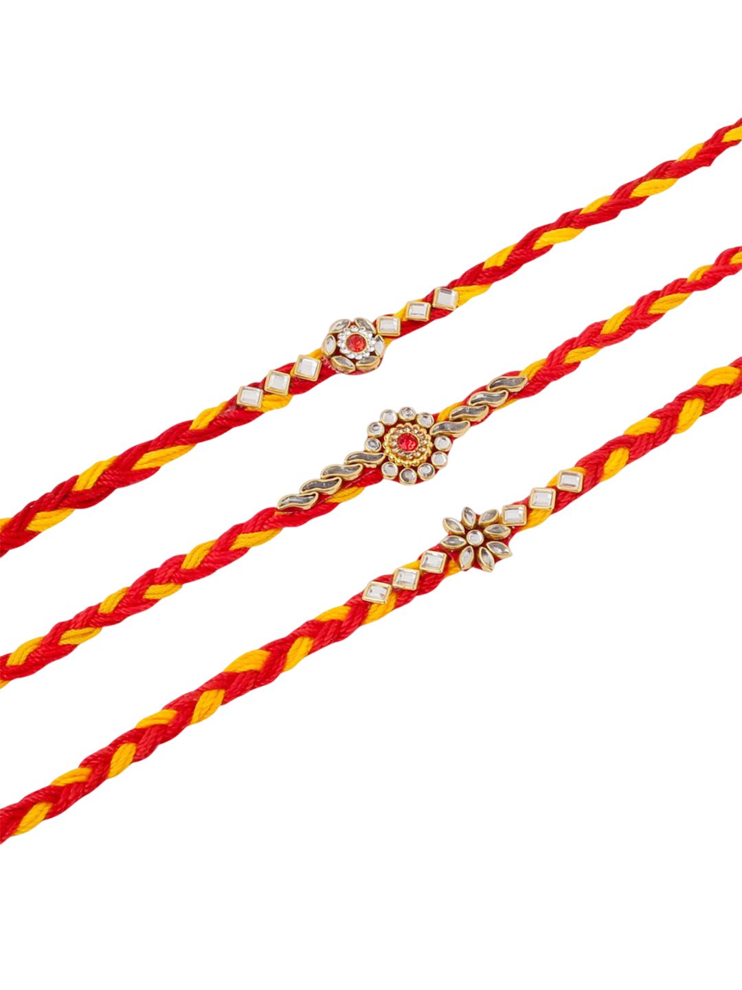 Anouk Men Set Of 3 Red & Yellow Kundan Studded Floral Design Thread Rakhi With Roli Chawal