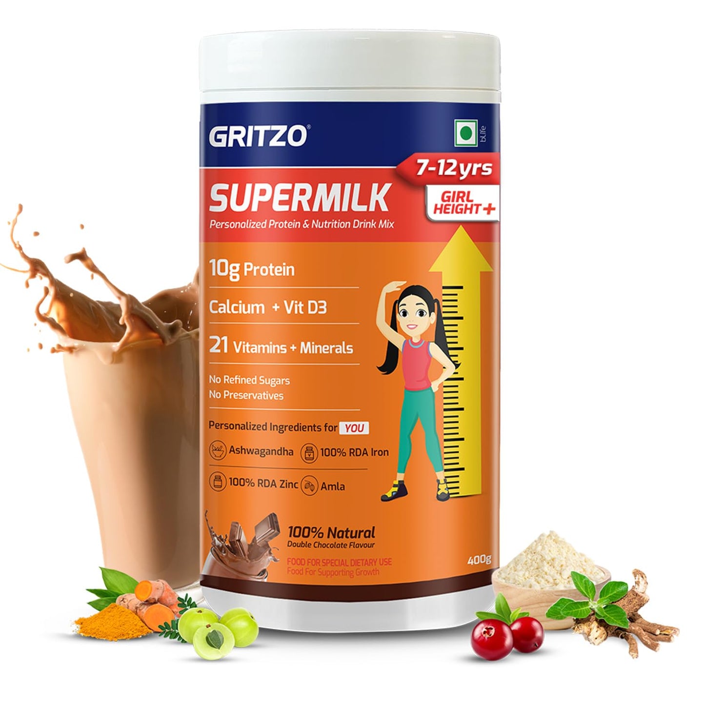 Gritzo SuperMilk Height+ Health Drink for 7-12y Girls - Double Chocolate Flavor - Indyancart