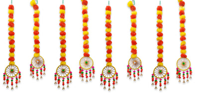 Artificial Marigold Fluffy Flowers Garland String with Bells Ring Pom Pom Rajasthani Wall Door Hanging Latkans Handmade Toran Decoration 2.9 Ft Height (8 Piece)
