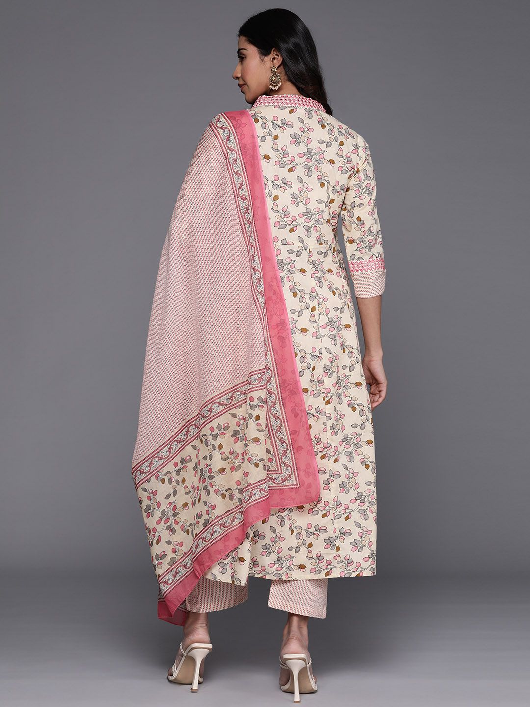 Indyancart VA Women'sFloral Printed Mirror Work Pure Cotton Kurta with Trousers & Dupatta
