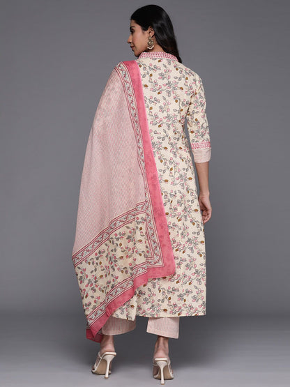 Indyancart VA Women'sFloral Printed Mirror Work Pure Cotton Kurta with Trousers & Dupatta
