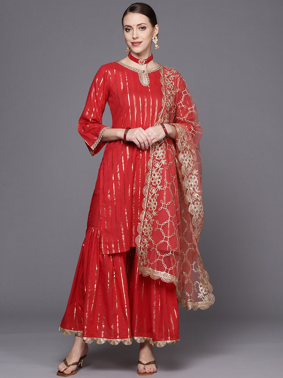 Indyancart VA Women's Red Striped Kurta with Sharara & With Dupatta