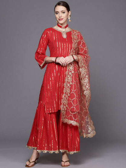Indyancart VA Women's Red Striped Kurta with Sharara & With Dupatta