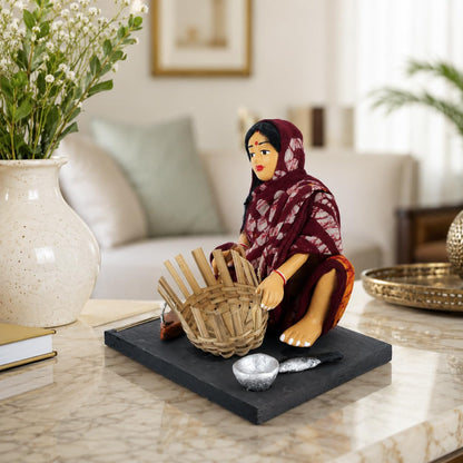 Niharika Collections Krishnanagar Handmade Terracotta Clay Woman Basket Maker Miniature Idol Basic | Traditional Indian Home Decor, Golu Display and Gifting