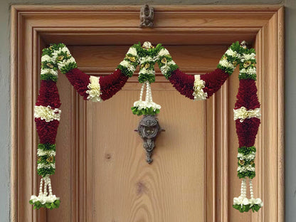 Maroon & Cream Hanging Artificial Flower Toran for Main Door Entrance, Reusable Thoran for Pooja Mandir, Living Room & Home Décor, Bandarwal for Festival Decoration (42x25 inch)