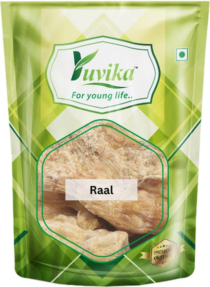 Yuvika Raal PILI Shorea Robusta resin, Dammar resin for Ayurvedic use, showing natural golden-brown resin pieces in the image.