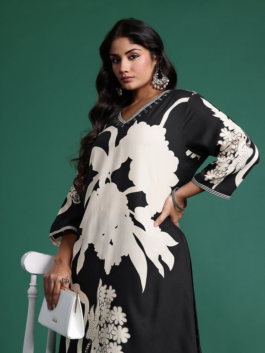 Plus Size Floral Printed Beads & Stones Kurta with Salwar