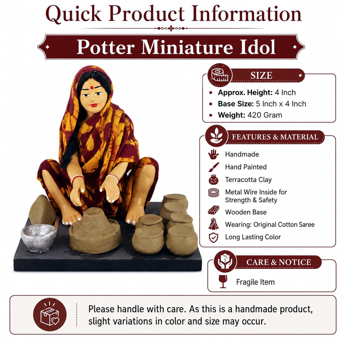 Niharika Collections Krishnanagar Handmade Terracotta Clay Woman Potter Miniature Idol | Basic Sitting Figure | Home Decor, Golu Display and Gifting