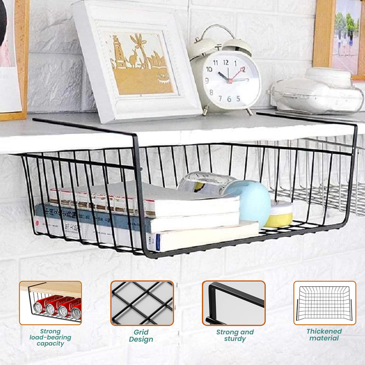 Go Hooked Multipurpose 16 Inch Under Shelf Basket Powder Coated Iron Under Cabinet Organiser Undershelf Organiser Basket Under Shelf Storage Rack for Kitchen Bedroom Office Pack of 2 Black