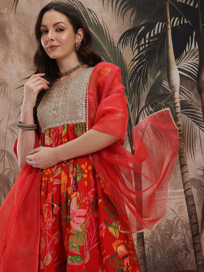 Indyancart SN Women's Floral Printed Pleated Kurta with Sharara & With Dupatta