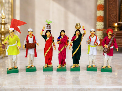 Niharika Collections Handmade Terracotta Clay Idols 8 Inch Clay Figurines Set of 7 | Traditional Handcrafted Pandharpur Warkari for Home Mandir, Navratri Decor, Golu and Gifting