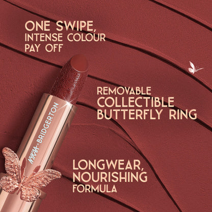 Nykaa Cosmetics Bridgerton Creamy Matte Longwear Lipstick in Full Bloom, displaying a vibrant pink lipstick bullet with sleek packaging.