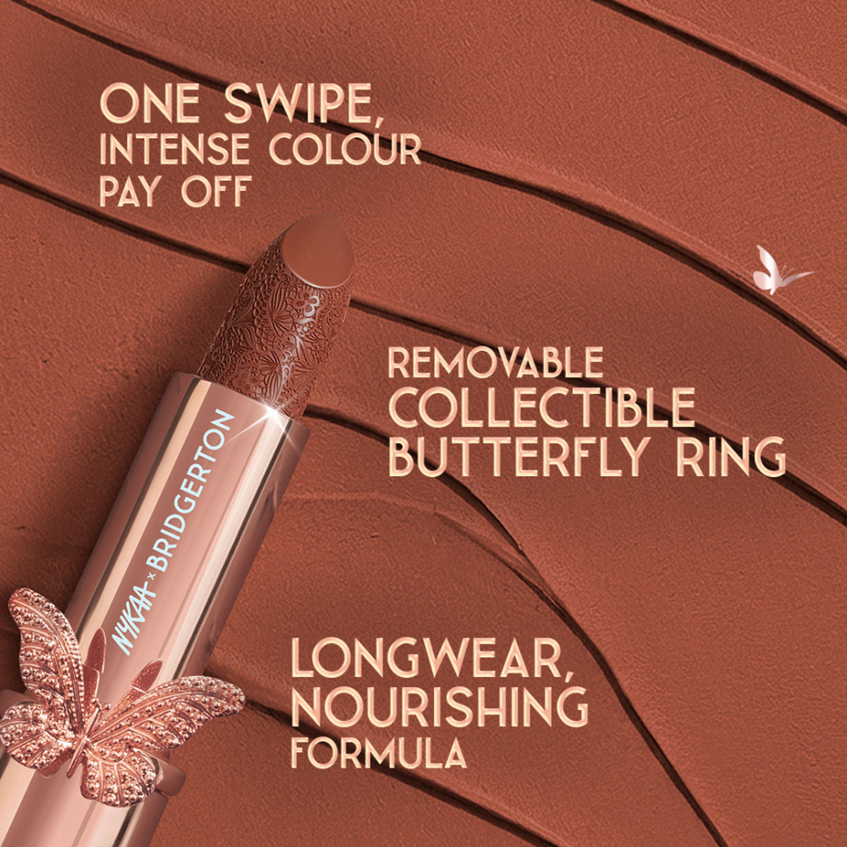 Nykaa Cosmetics Bridgerton Royal Affair creamy matte longwear lipstick in elegant lipstick tube with deep red shade