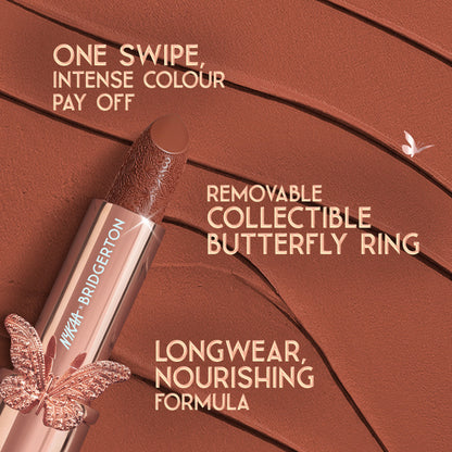 Nykaa Cosmetics Bridgerton Royal Affair creamy matte longwear lipstick in elegant lipstick tube with deep red shade