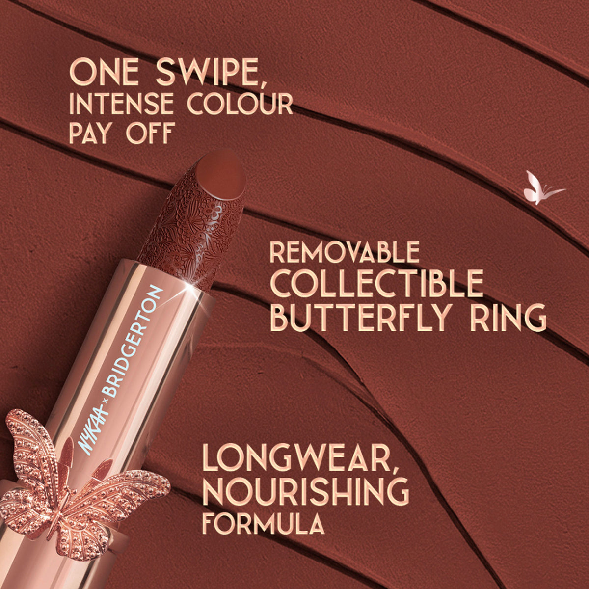 Nykaa Cosmetics Bridgerton creamy matte longwear lipstick in Sweet Surrender, featuring a rich, smooth lipstick bullet in a luxurious shade.