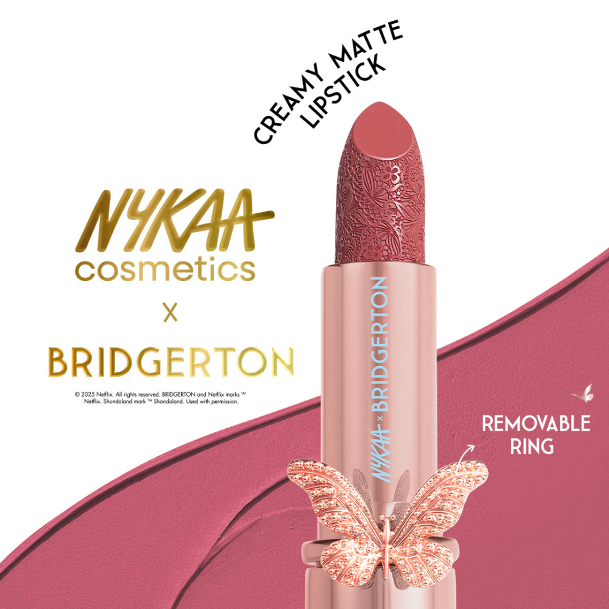 Nykaa Cosmetics Bridgerton Creamy Matte Longwear Lipstick in Burning Desire, deep red lipstick with smooth matte finish.