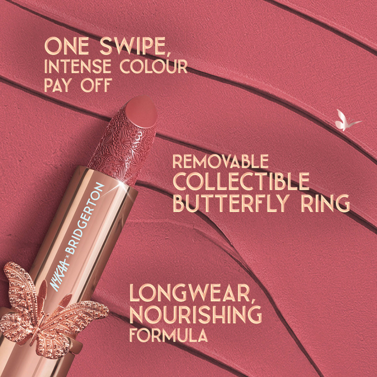 Nykaa Cosmetics Bridgerton creamy matte longwear lipstick in Burning Desire, soft coral shade, showing the lipstick tube and swatch.