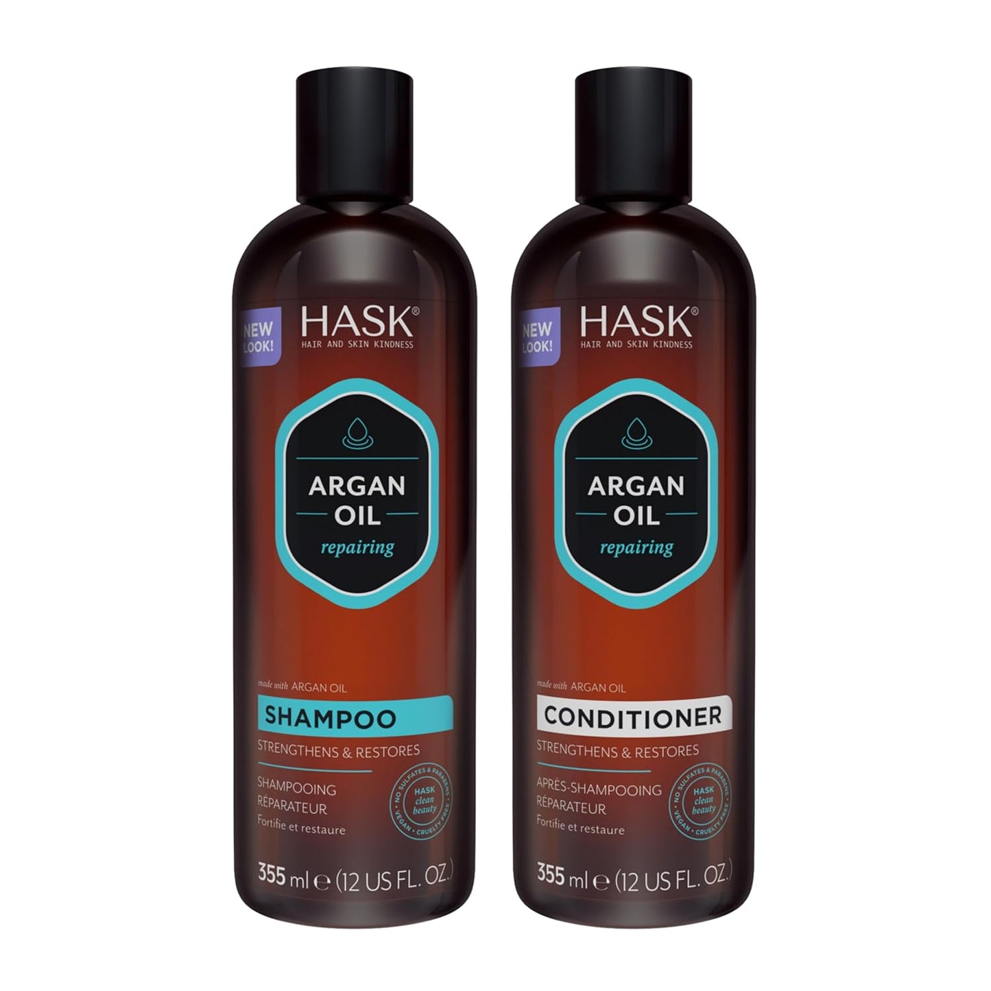 HASK Repairing Argan Oil shampoo and conditioner bottles, hydrating hair care products with nourishing argan oil for damaged hair