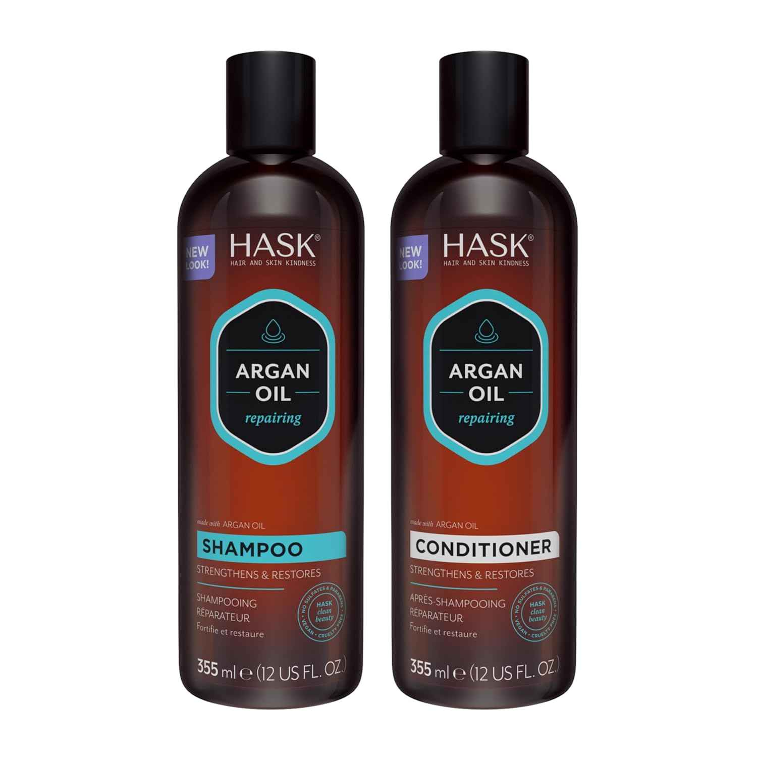 HASK Repairing Argan Oil shampoo and conditioner bottles, hydrating hair care products with nourishing argan oil for damaged hair