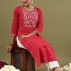 Indyancart IE Women Floral Printed Notched Neck Thread Work Straight Cotton Kurta