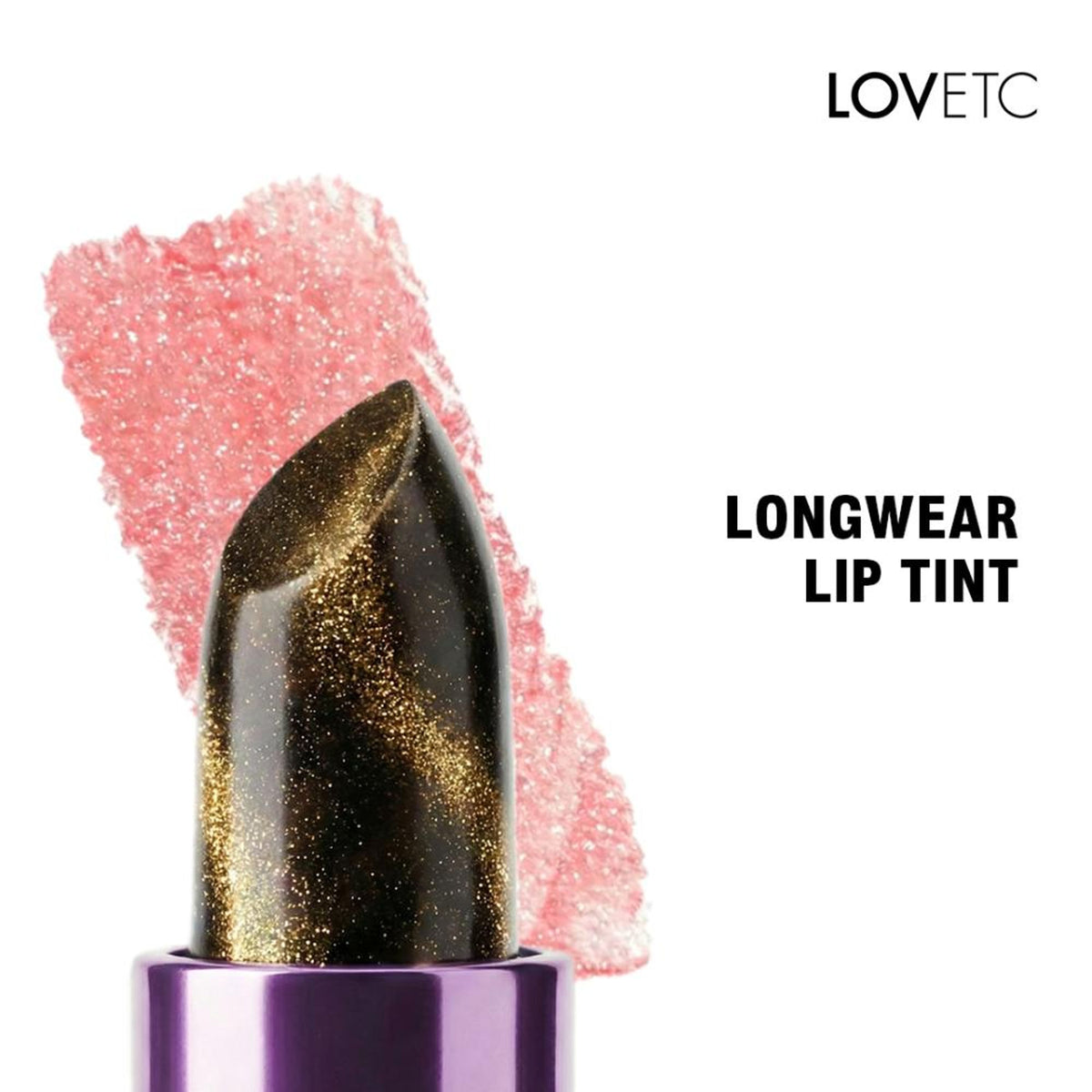 LOVETC Love Bites Longwear Lip Colour in Golden Charm, showcasing a sleek lipstick tube with the vibrant golden shade.