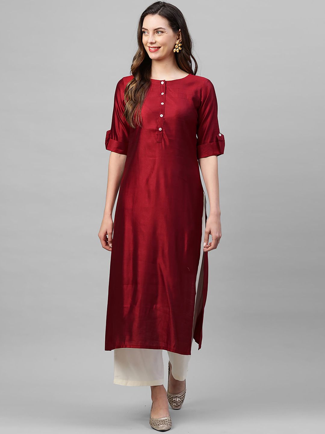 Dhiyona IE Women Red Solid Liva Straight Kurta