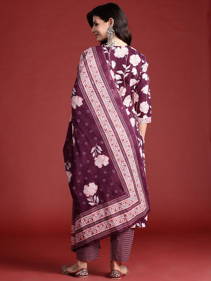 Floral Printed Pure Cotton Kurta With Trousers & Dupatta