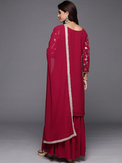 Indyancart IE Floral Embroidered Sequinned Georgette Straight Kurta with Sharara & With Dupatta