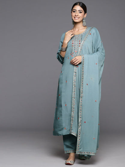 Indyancart VA Women's Floral Embroidered Regular Sequined Kurta with Trousers & Dupatta