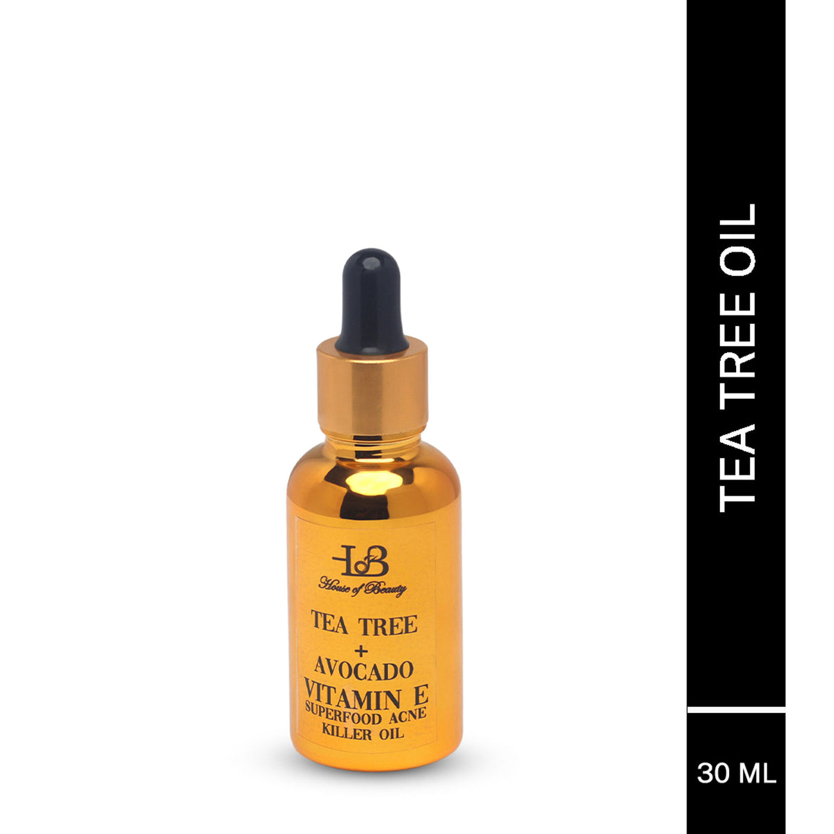 House of Beauty Tree Tea and Avocado Vitamin E oil bottle, natural superfood acne-fighting skincare product, clear packaging.