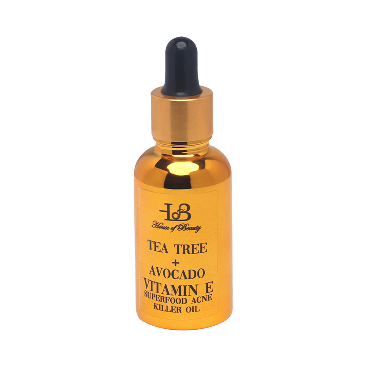 House Of Beauty Tree Tea, Avocado, and Vitamin E Oil bottle, natural acne-fighting superfood skincare product.