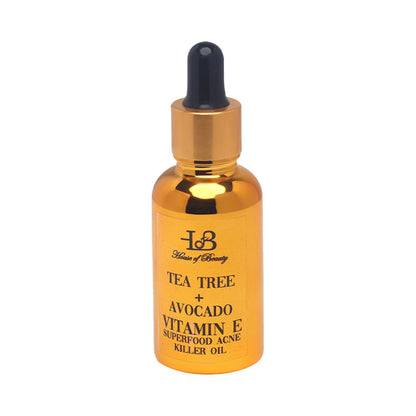 House Of Beauty Tree Tea, Avocado, and Vitamin E Oil bottle, natural acne-fighting superfood skincare product.