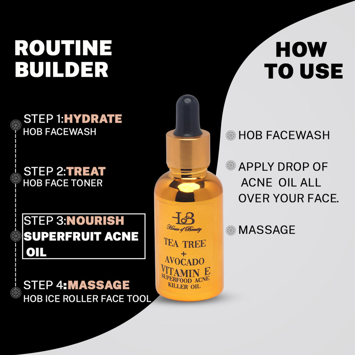 House Of Beauty Tree Tea and Avocado Vitamin E Oil bottle, natural skincare superfood for acne treatment, by House Of Beauty