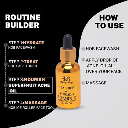 House Of Beauty Tree Tea and Avocado Vitamin E Oil bottle, natural skincare superfood for acne treatment, by House Of Beauty