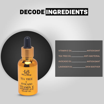 House Of Beauty Tree Tea and Avocado Vitamin E Oil bottle, natural superfood acne-fighting skincare product from House Of Beauty