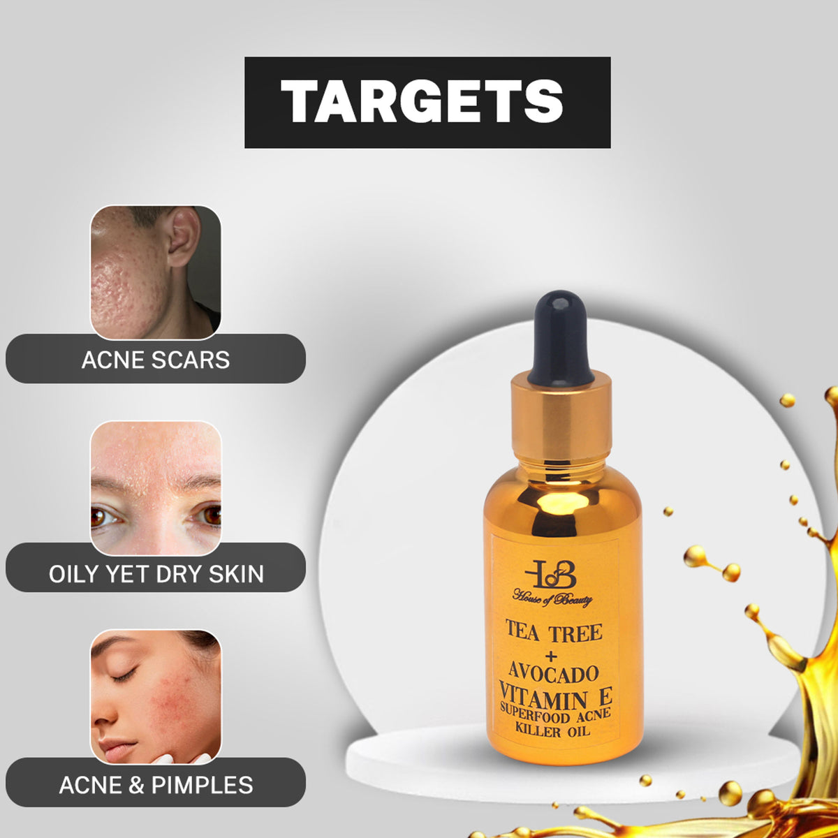 House Of Beauty Tree Tea and Avocado Vitamin E Oil bottle, superfood acne killer skincare product from House Of Beauty.