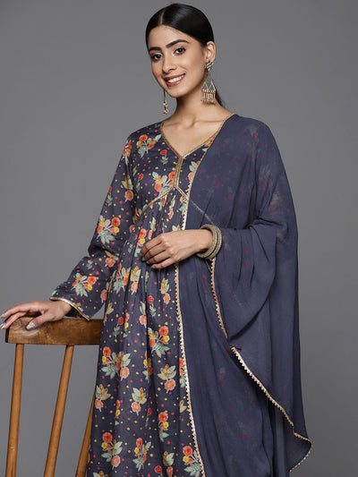 Indyancart VA Women'sFloral Printed Empire Sequinned Pure Cotton Kurta With Palazzos & With Dupatta