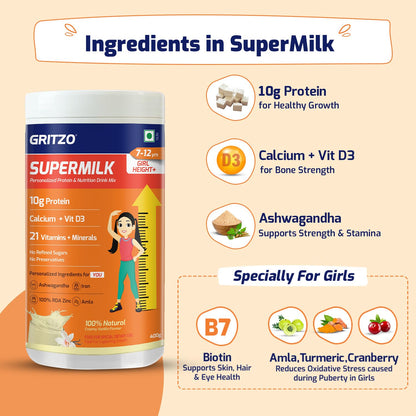 Gritzo SuperMilk Height+ (7-12y Girls), 10g Protein (Creamy Vanilla) - Indyancart